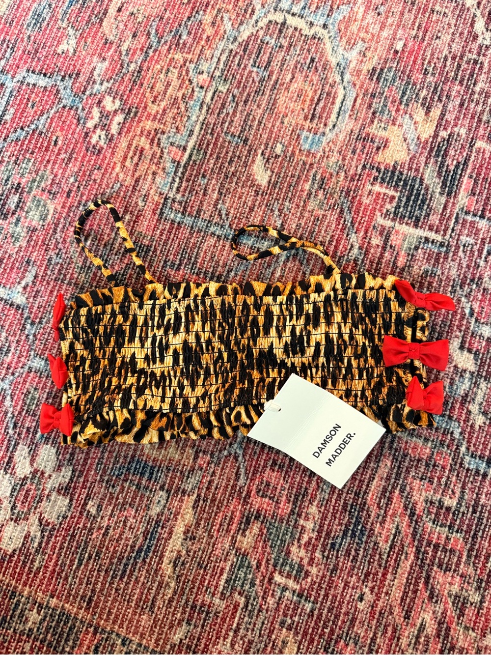 Damson Madder Leopard Print Smocked Tube Top with Red Bows